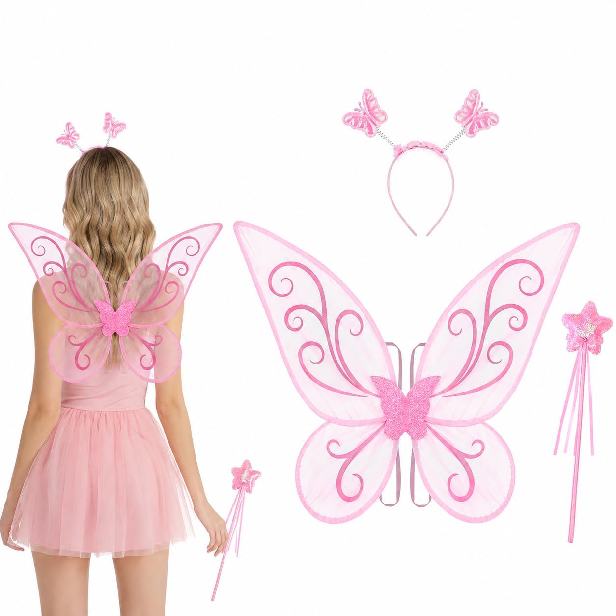 Zfuigws 3Pcs Pink Butterfly Wings Set With Headband And Magic Wand