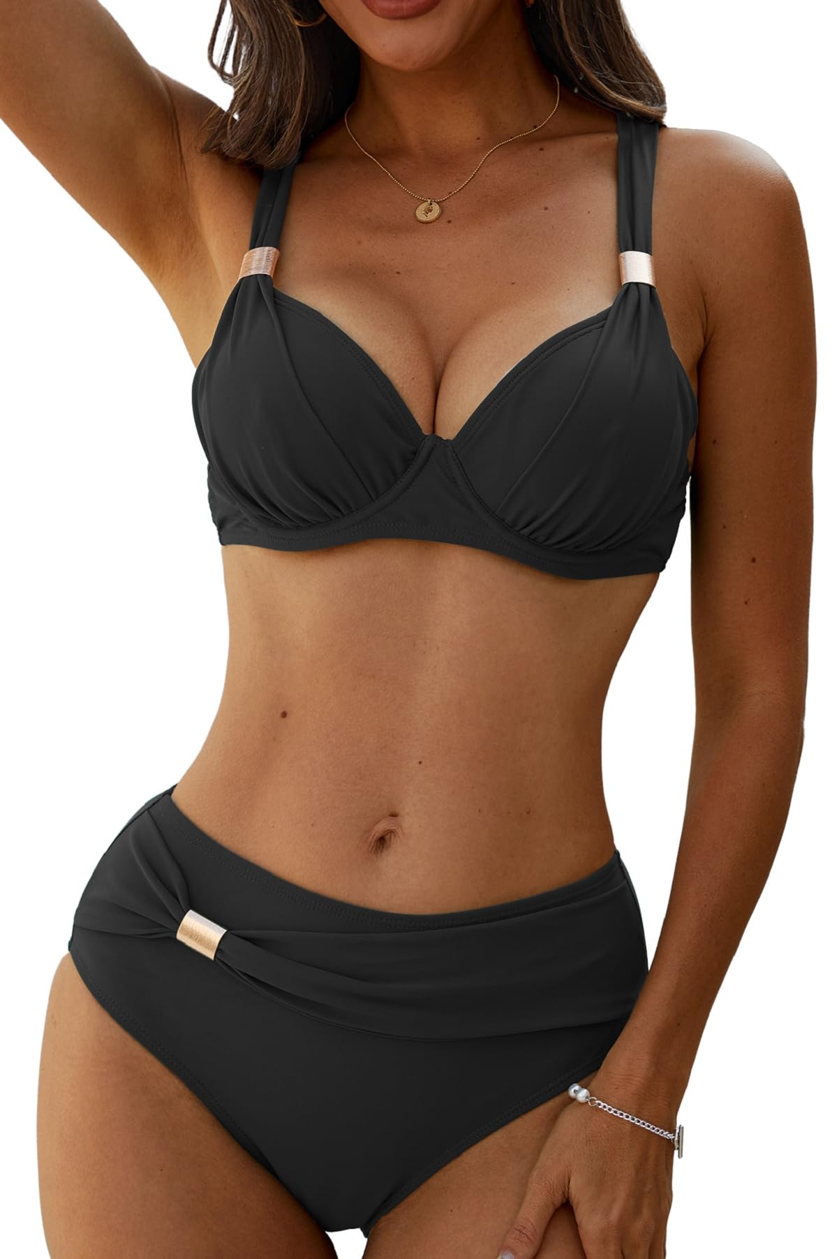 Yutdeng Bañador Dos Piezas Mujer Braga Alta Bikini Push Up con Aros Bikinis Reductor Barriga Talle Alto Vientre Plano con Pliegue Traje De Baño Mujer 2 Piezas Ropa de Baño Biquini