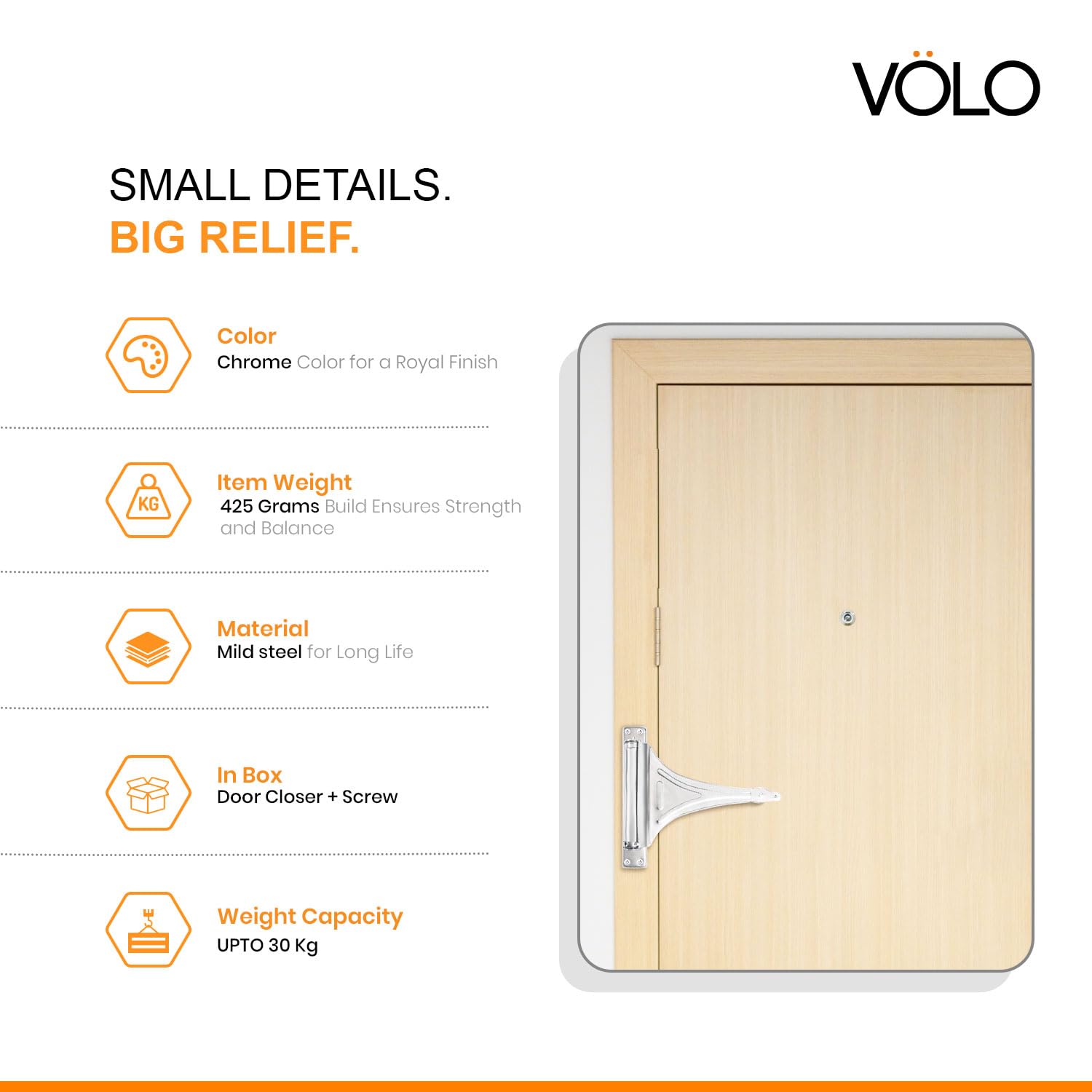VOLO Spring Based Door Closer – Automatic Self Closing Door Closer for Wood, Aluminium & PVC Doors – 4 Adjustable Speed, Durable All-Metal Construction | (30KG | Helical Spring | Chrome, 1 Piece) — Amazon image 3