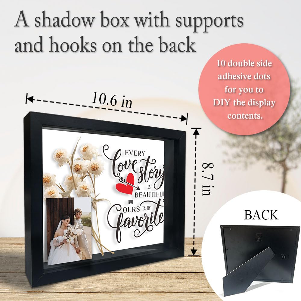 Large Shadow Box Frame, Black Shadow Box with 10 DIY Adhesive Dots, Shadow Box Display Case for Tabletop and Wall Display, Engagement Wedding Gift, Home & Office Decoration (10.6