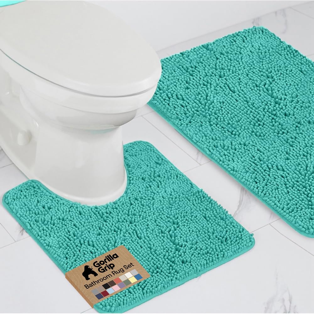 Gorilla Grip Original Shaggy Chenille 2 Piece Bath Rug Set Includes Oval U-Shape Contour Mat for Toilet and 30x20 Carpet Rugs, Machine Wash/Dry, Plush Mats for Tub, Shower & Bath Room (Turquoise) โ image 1