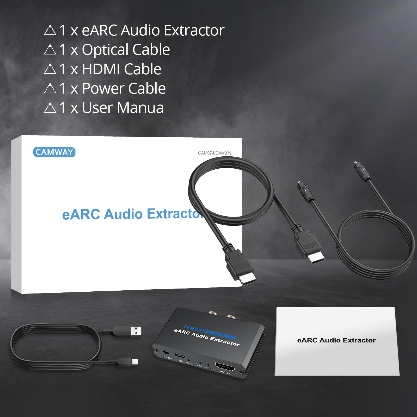 CAMWAY eARC Ekstraktor audio – HDMI ARC/eARC na światłowód, RCA, konwerter audio 3,5 mm, obsługuje dźwięk przestrzenny 5.1, łatwa konfiguracja soundbara, wzmacniacza, słuchawek, wyjścia audio TV