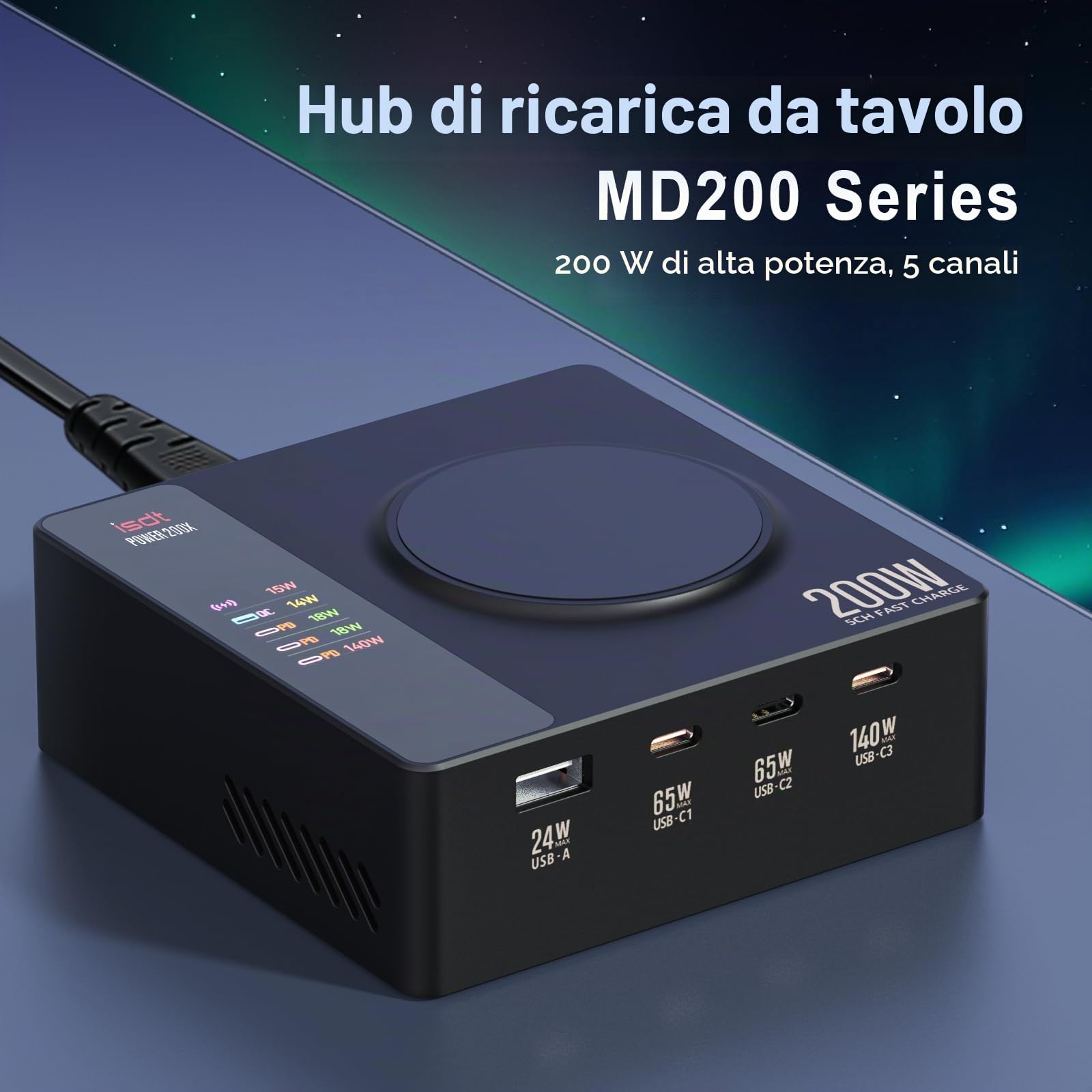 ISDT Power 200X Caricatore da Parete Senza-Fili, con 4+1 Porte USB (Massimo 140W) Compatibile con Tablet iPad-Laptop Macbook-Computer-Cellulare iPhone 14 Pro, Galaxy, Note, iWatch ecc.