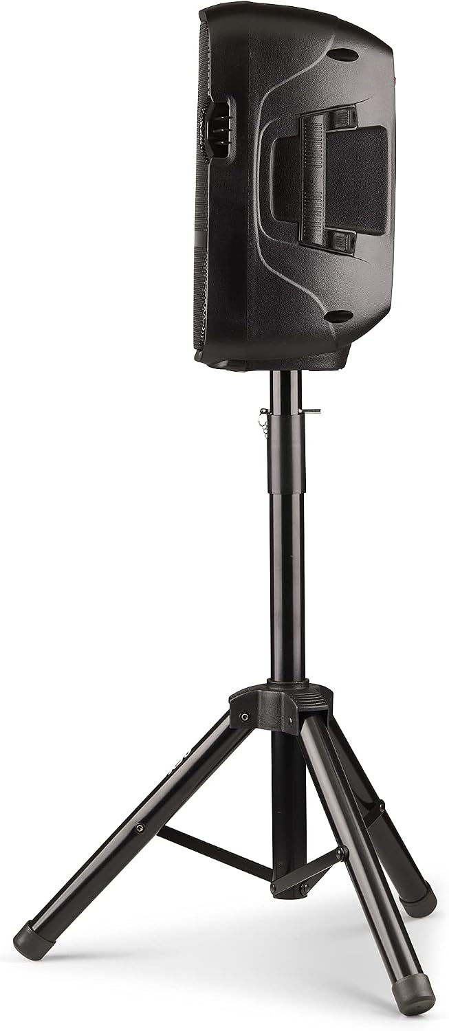 QFX PBX-61087 8" Portable Party Sound System with LED Party Lights, Speaker Stand, and a Wireless Microphone, Black
