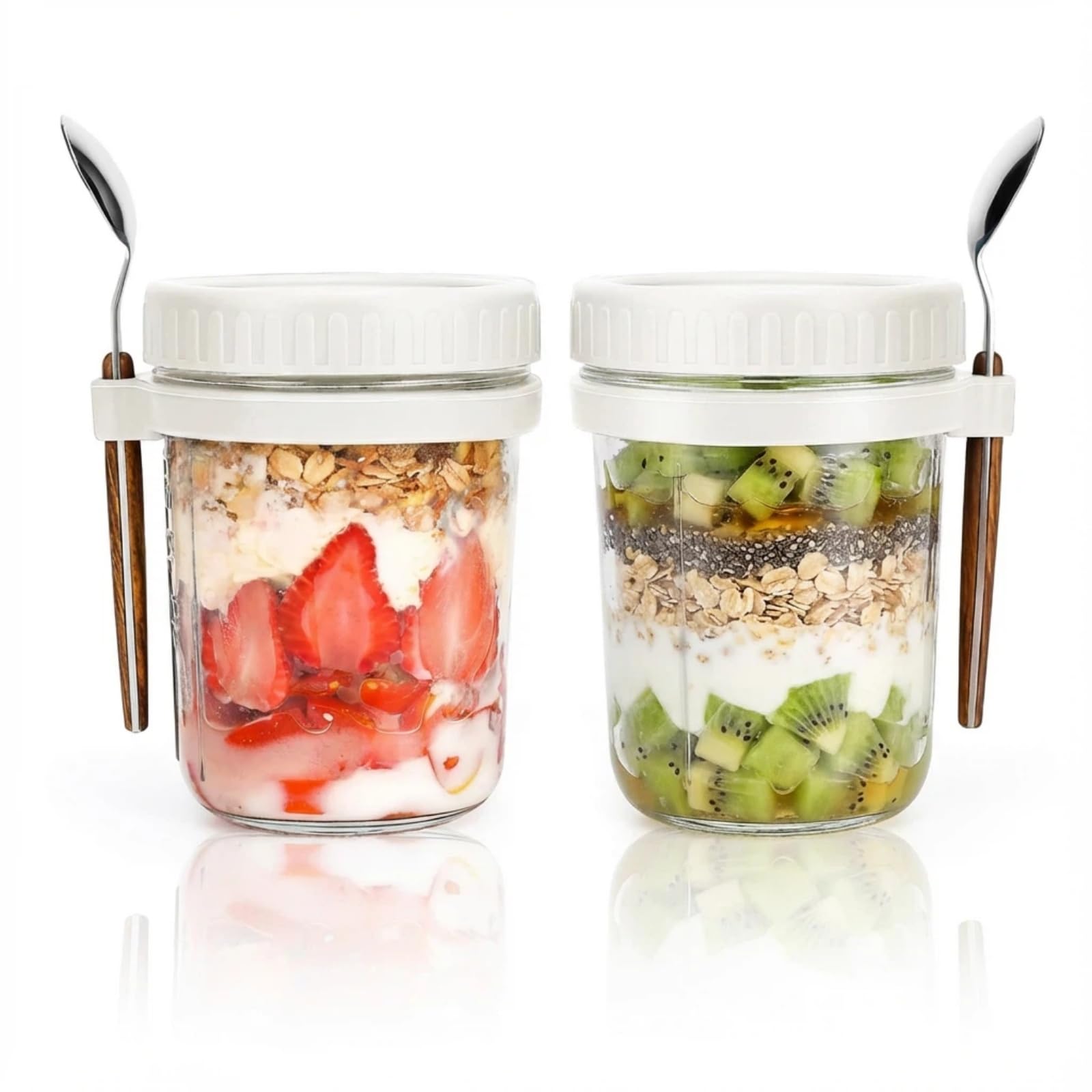 Siocok White-2Pack 2 Pack Overnight Oats Containers With Lids And Spoons 350Ml Glass Mason Jars Measurement Marks Food Storage Containers, Breakfast Jars Yogurt Pot For Homemade Oatmeal Salad Jam Pudding Chutn