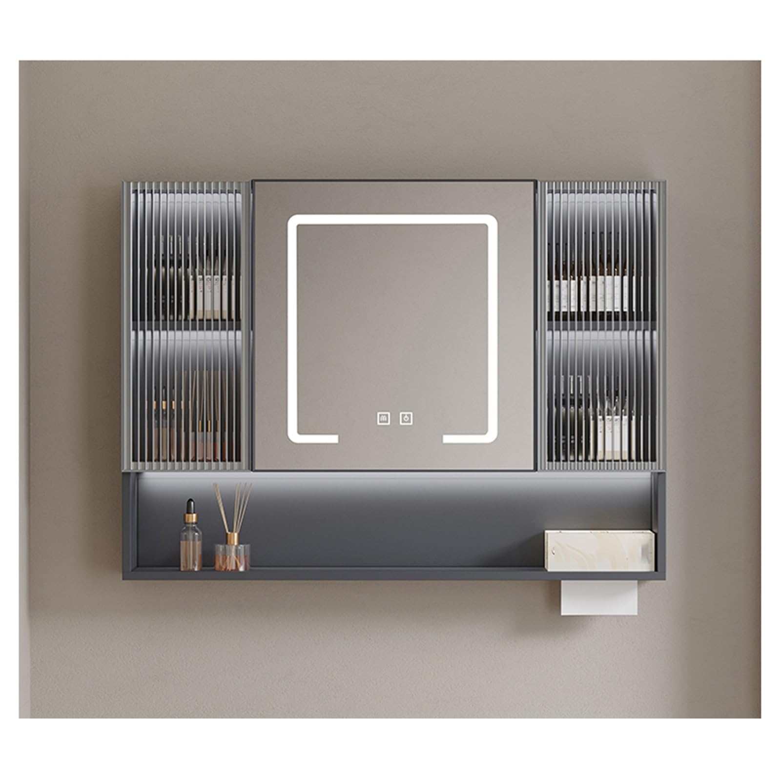 Armario de baño montado en la pared con espejo LED antivaho, función de almacenamiento de medicamentos, diseño moderno para ahorrar espacio y decoración elegante del baño.
