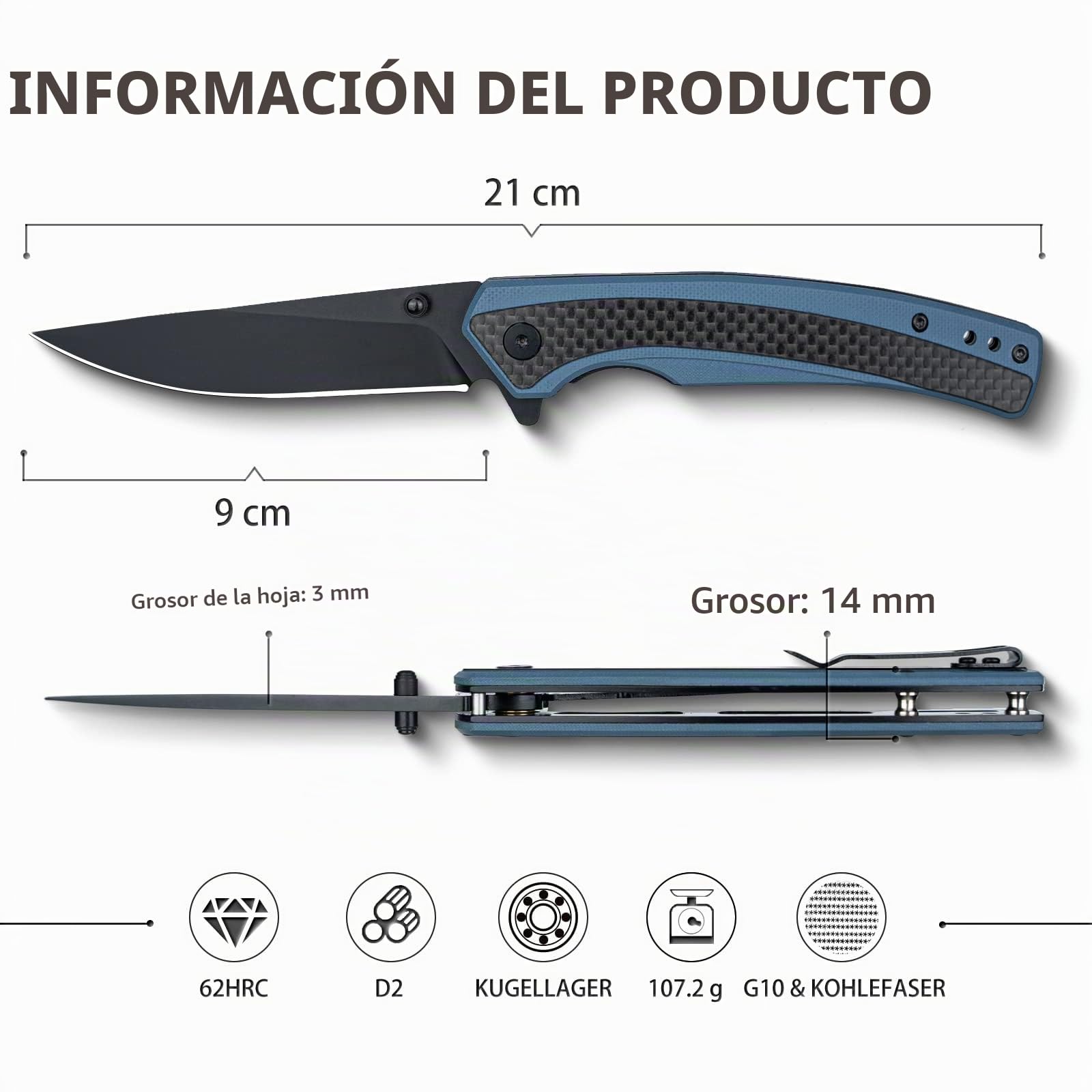 NedFoss Afilada navaja plegable, navaja de bolsillo con clip, cierre de forro seguro, Cuchillo de una mano de acero d2, adecuada para camping, Adecuado para camping, senderismo