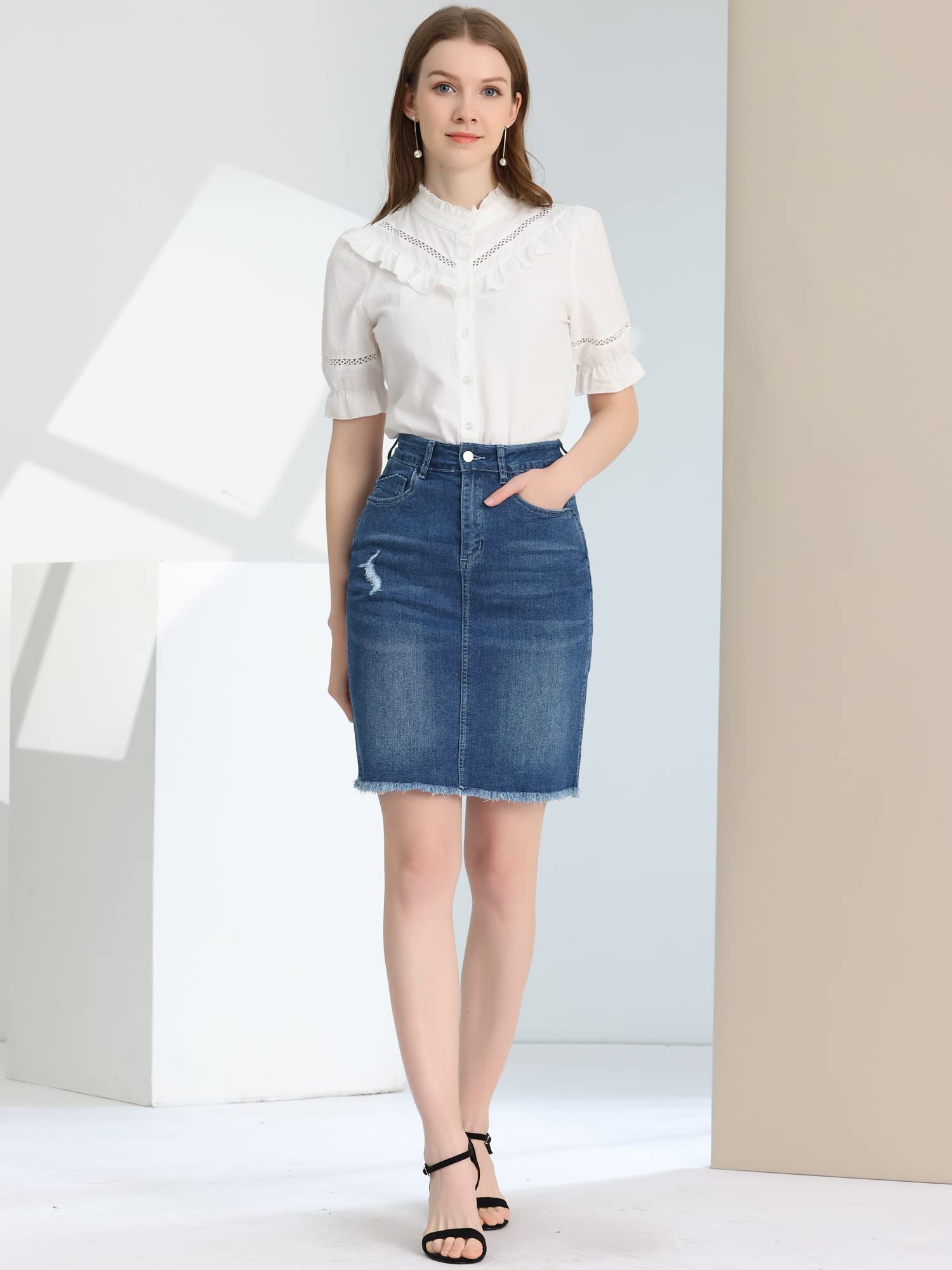 Allegra K Jupe en jean délavé taille haute avec ourlet déchiré pour femme, bleu vintage, Taille S