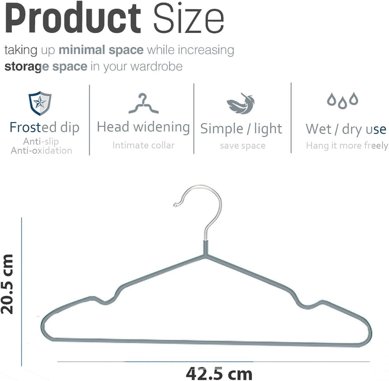 60 Pack Premium Rubber-Coated Metal Clothes Hangers Non-Slip Space-Saving, Grey, 42.5 x 20.5 x 0.4 cm - Image 2
