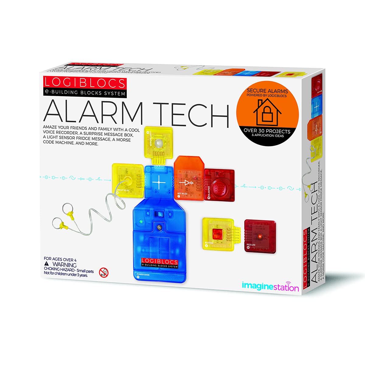 4M Logiblocs - Alarm Tech, Multi Colour Building Set, Age 7+, 7 Pieces, Power Base, Button, Light Sensor, Circuit Not, Red LED, Bleepers