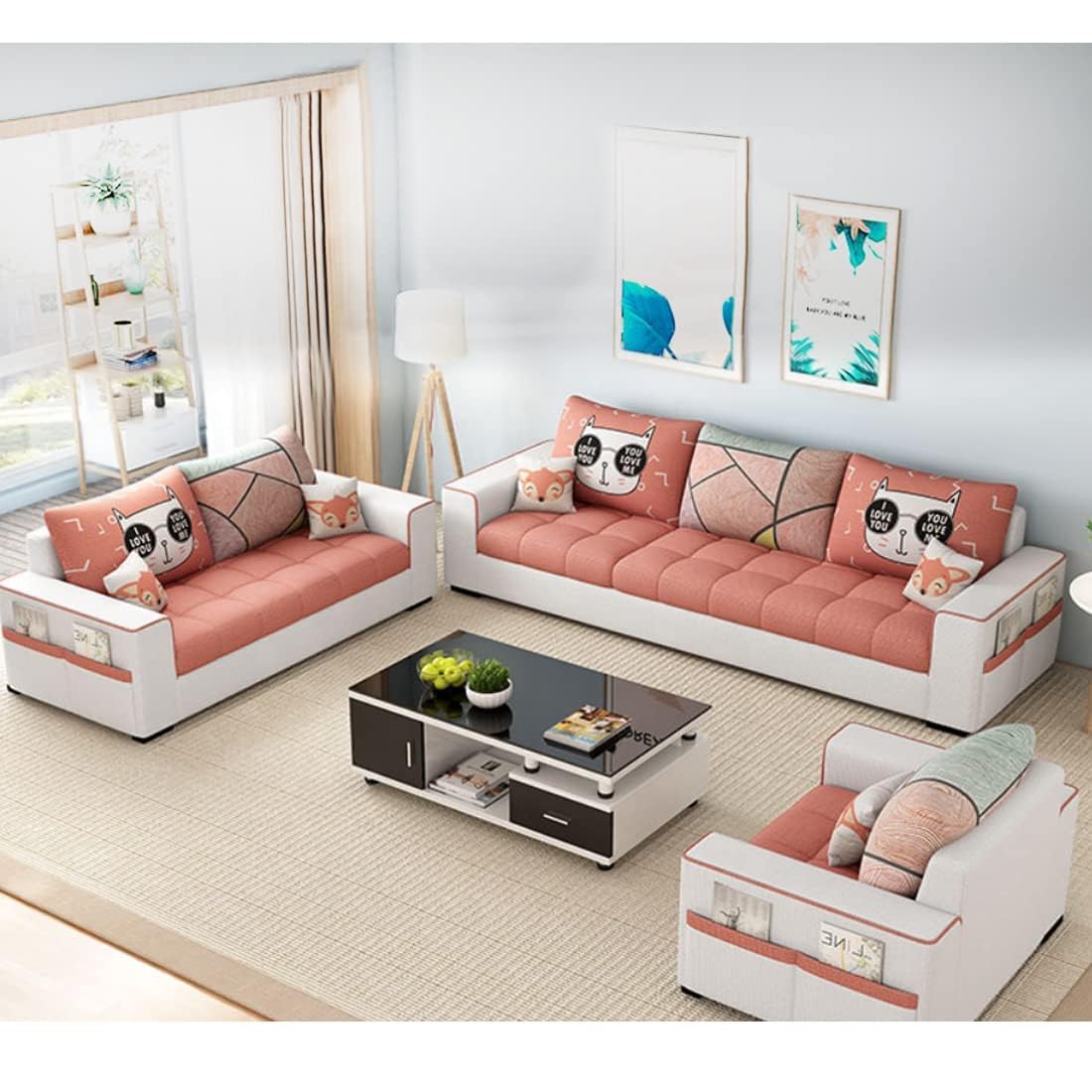 FURNY Cooper 6 Seater Fabric Premium 3+2+1 Sofa Set (Orange-Light Grey)-image-4