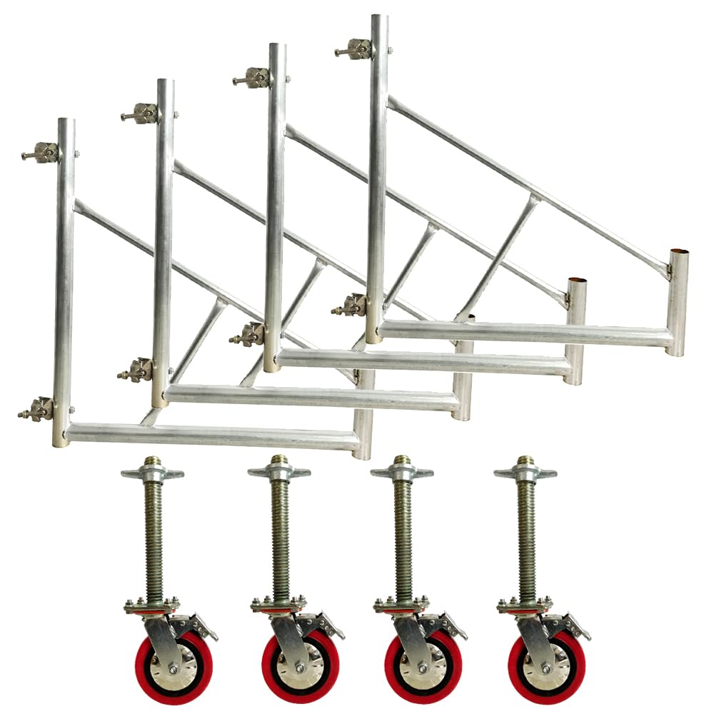 4 PCS Scaffold Safety Outriggers + 4 PCS 6" Adjustable Leveling Scaffolding Wheels Casters Screw Jacks Set for Maxi Square Baker-Style Scaffold Tower