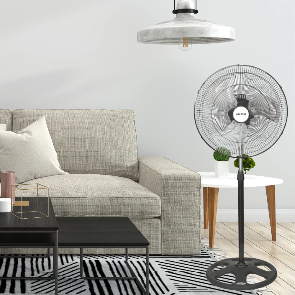 Max Star Ventilador de Pie 18" Potente 70 W Oscilante 3 Velocidades Altura Ajustable 110-130 cm Alta Velocidad Rejilla de Metal Motor Silencio Facil Limpieza