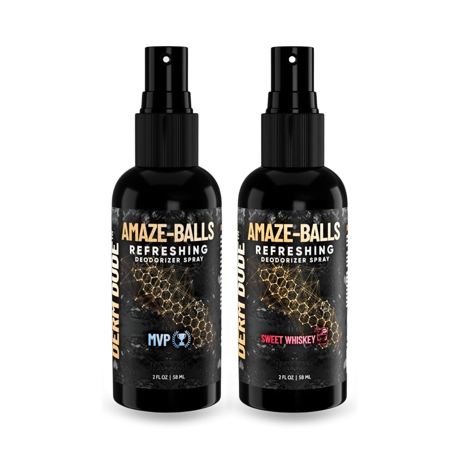 Derm Dude Amaze Ball Deodorant Spray for Men | Anti-Chafing Groin & Sack Spray with DeoPlex & Aloe Vera | Odor & Sweat Control for Private Parts | MVP & Sweet Whiskey Scent, Talc-Free, 2oz (2 Pack)