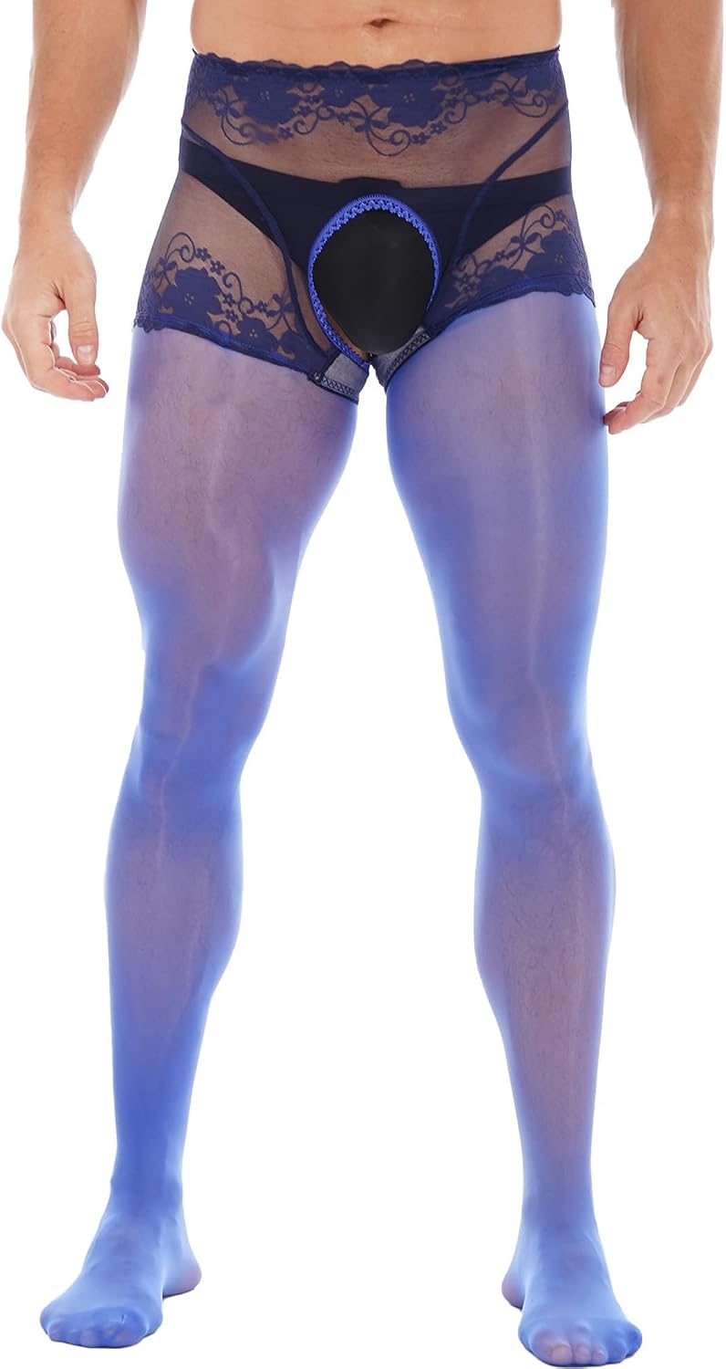 FEESHOW Mens Glossy Pantyhose Lingerie Open Crotch Sheer Lace Fotted Stockings Tights Underwear