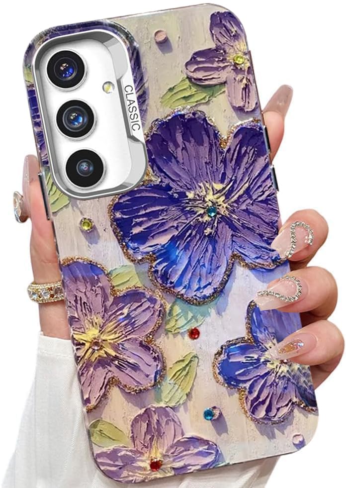 Image of Elzzi Compatible with Samsung S24 FE 5G Case Laser Flower Oil Painting Cute Colorful Blue Ray Bumper with Full Camera Protection Shockproof PC+TPU Glossy Shiny Cover for Girls Women, Purple