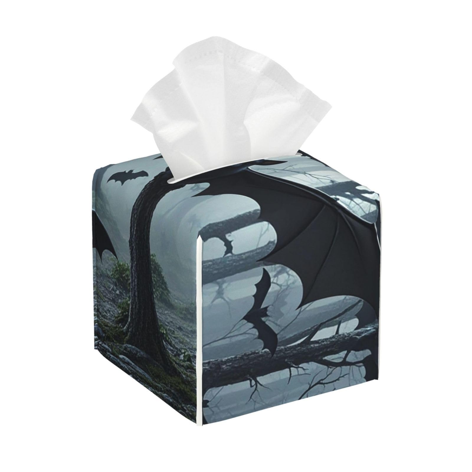 Pu Leather Cube Tissue Box Holders Modern Waterproof Square Tissue Box Cover Purple Black Goth Spooky Bat Facial Paper Holder for Bathroom Kitchen Nightstand Office Home Decor