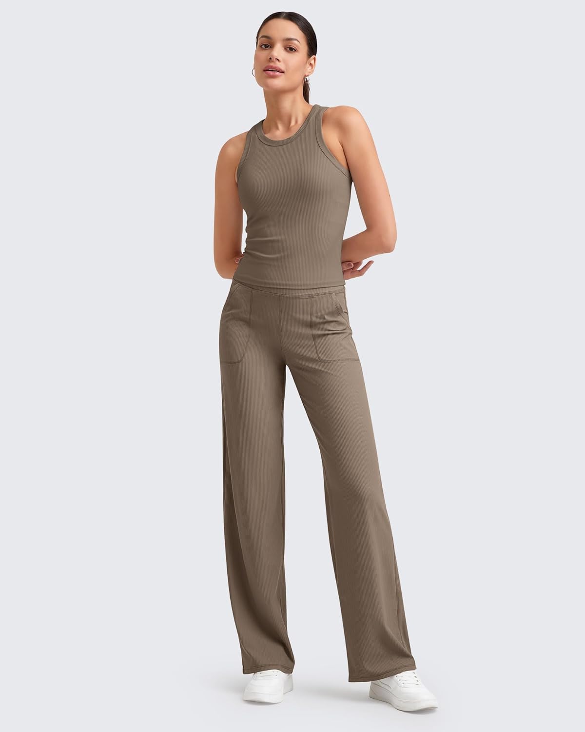 G4Free Casual Wide Leg Stretch Yoga Pants Women High Waist Workout Pants with Pockets Pull On Trousers (Dark Brown,XXL,28")