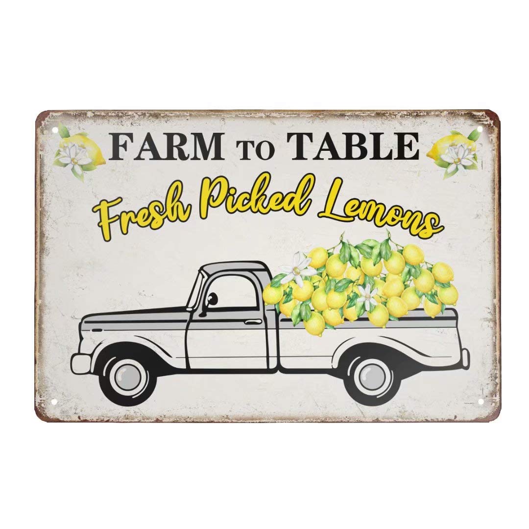 Angeloken Retro Metal Tin Sign Vintage Farm to Table Fresh Picked Lemons Aluminum Sign for Home Coffee Wall Decor 8x12 Inch