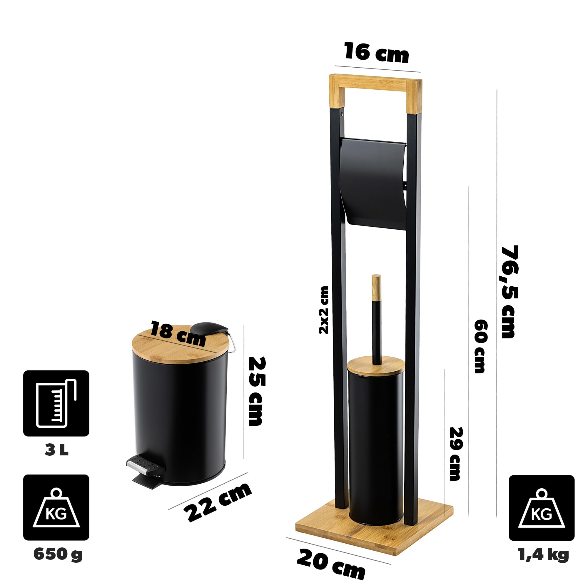 KADAX Toilettenpapierhalter mit integrierter WC-Bürste und Kosmetikeimer, Klopapierhalter Stehend mit Toilettenbürste, Toilettenpapierständer (Schwarz)