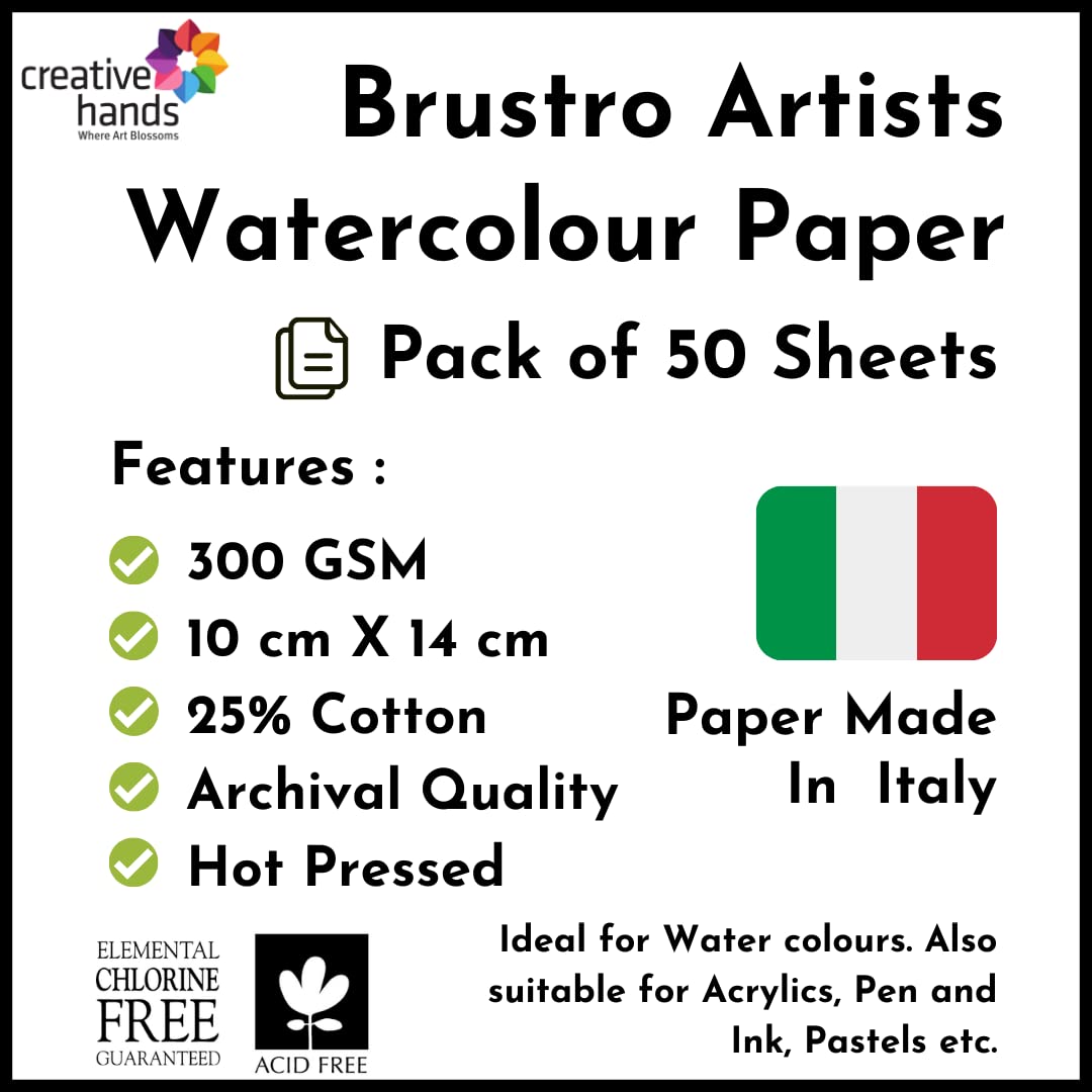 Brustro Künstler-Aquarellpapier, 25 %, heißgepresst, 300 g/m², 50 Blatt, Größe (klein) 10 cm x 14 cm