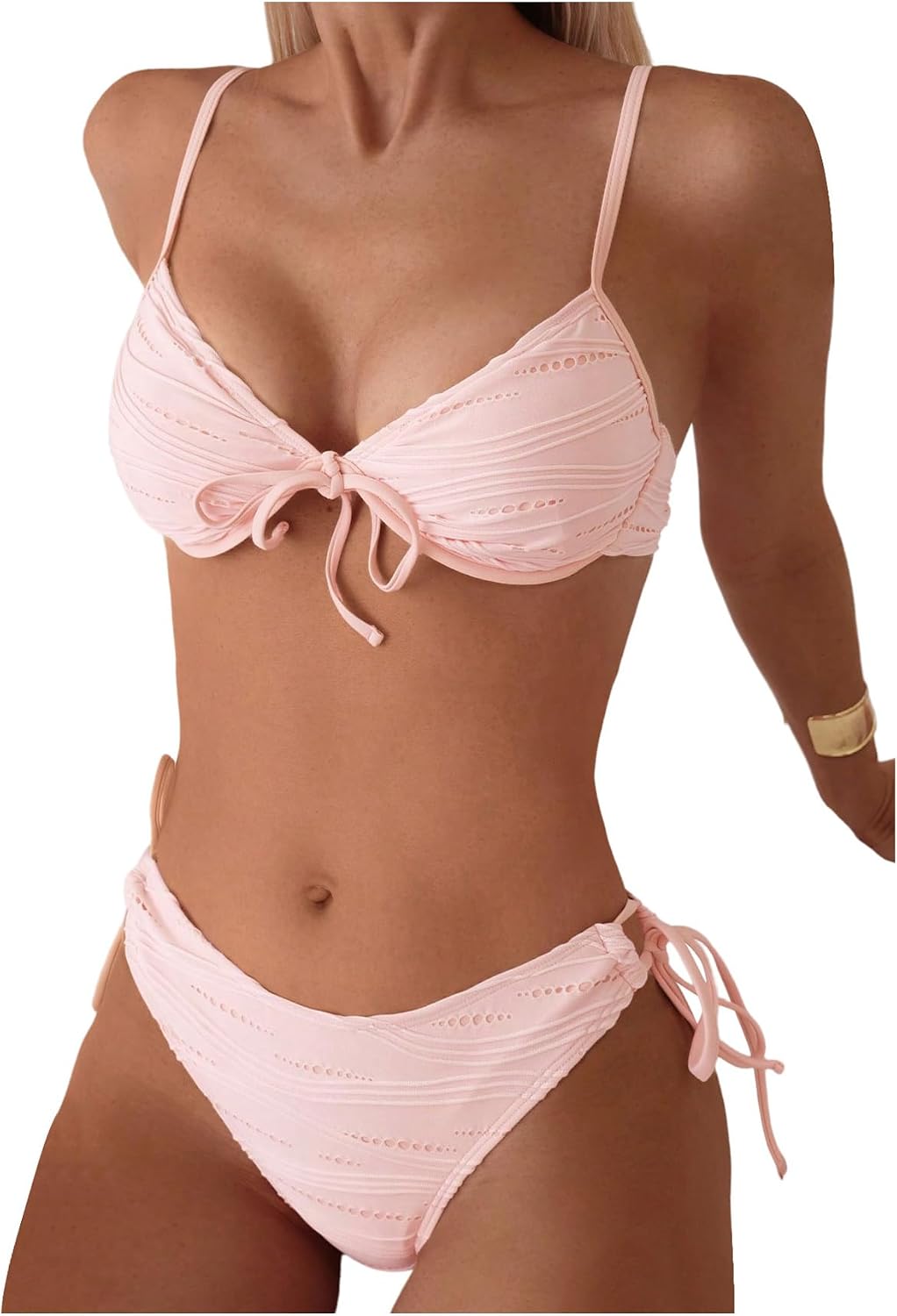 GORGLITTER Women's 2 Piece Underwire Push Up Bikini Sets Tie Front Textured Knot Side Swimsuits