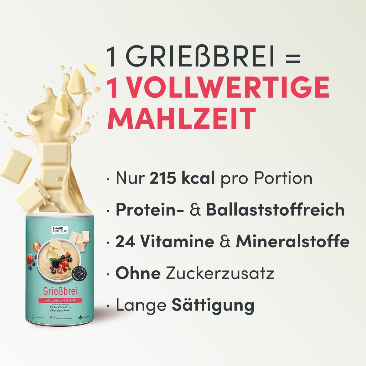 SHAPE REPUBLIC Grießbrei Schokolade (14 Portionen) - Proteinreich & nur 221kcal - schnell & einfach zubereitet