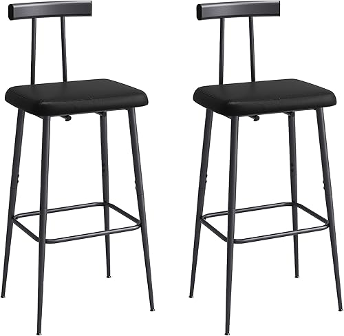 Miniatura 6 de Juego de 2 taburetes de bar altos con respaldo y reposapiés, sillas de bar de altura de mostrador, taburetes de bar industriales con cojín de piel