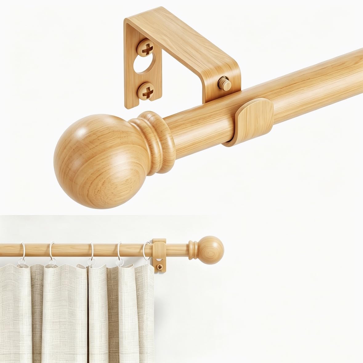 GXOACKJ Curtain Rods for windows 66-120 inch, 5/8 inch Decorative light natural wood Splicing Heavy Duty Metal Curtain Rod set with Brackets
