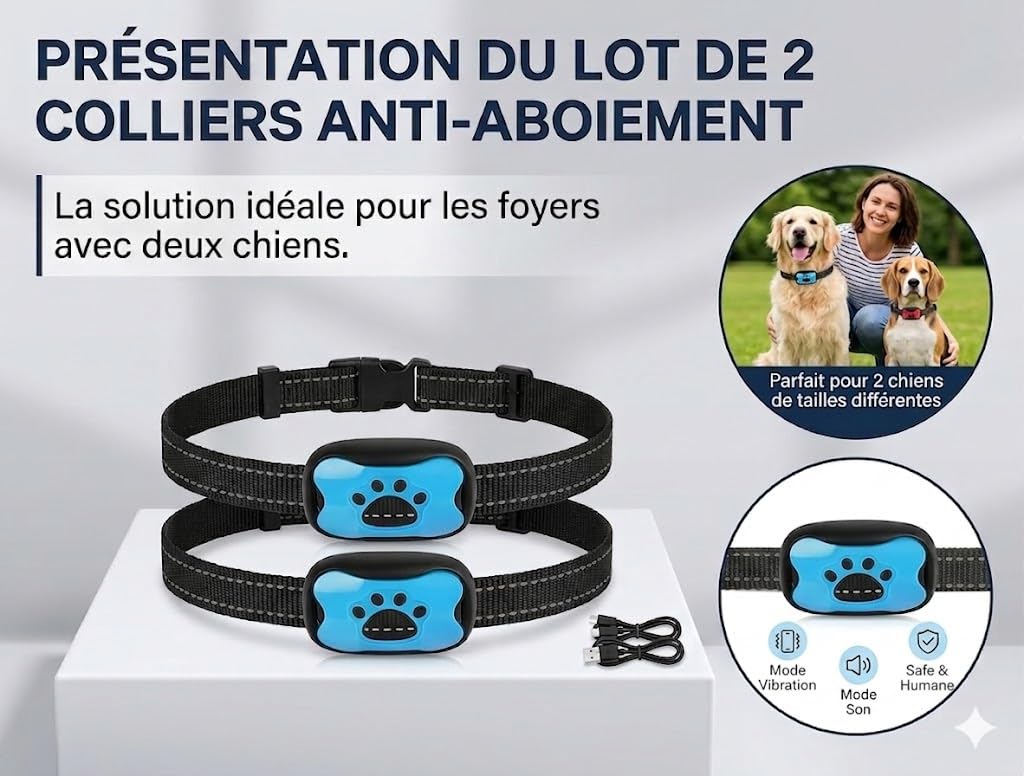 Pack de 2 Colliers Anti-Aboiement Chien Automatiques Bleu – Éducation Positive sans Choc Électrique, Vibration & Son, Rechargeable et Étanche IP67
