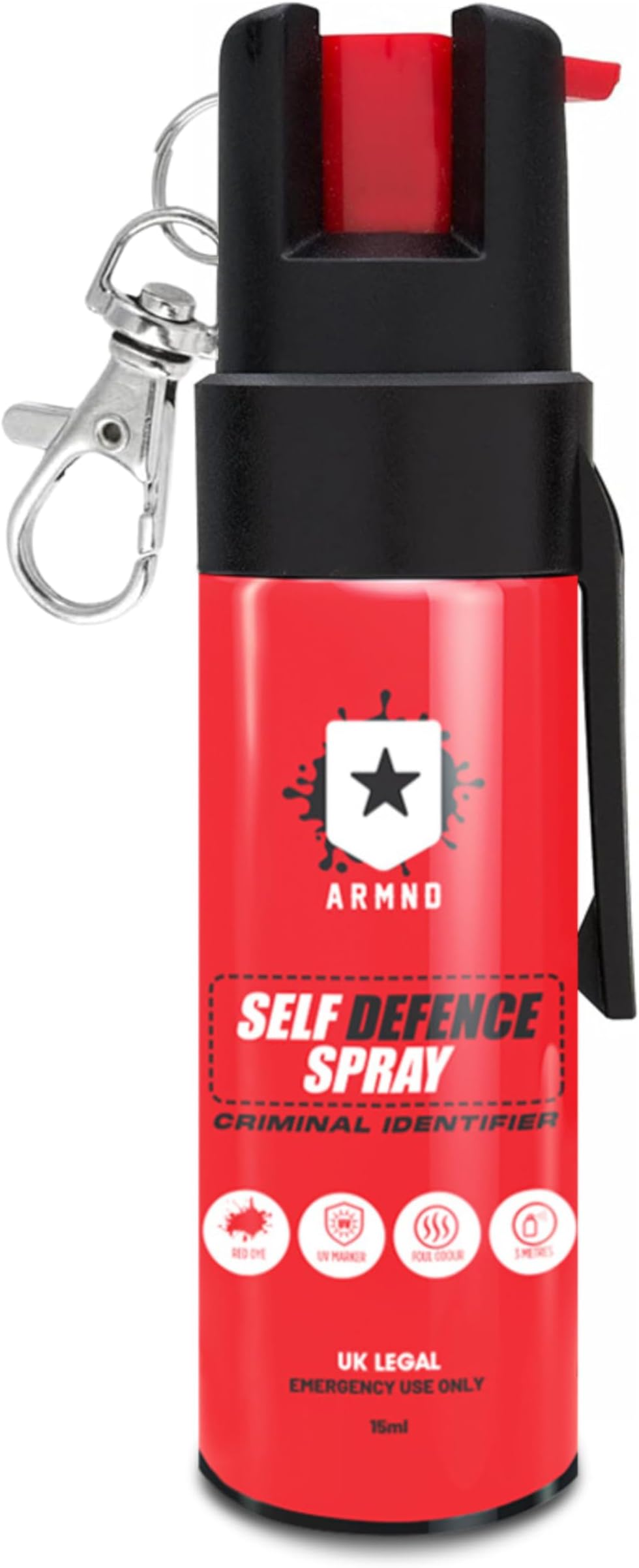 ARMNDSelf Defence Spray Criminal Identifier Spray for Personal Protection - Weapons UK Legal Pepper Spray Alternative for Men & Women with UV Marking, Keychain & Belt Clip 15ml