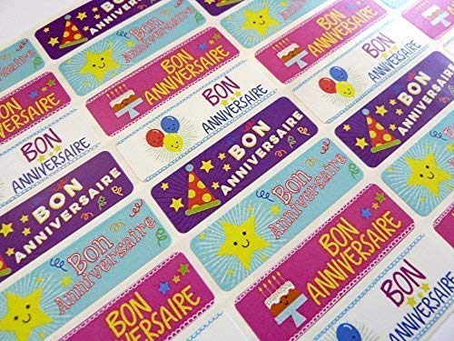 Paquet de 32 BON ANNIVERSAIRE Français Anniversaire ACCUEIL STICKERS, coloré autocollantes étiquettes pour cartes,enveloppes,ARTISANAT,décoration Cover