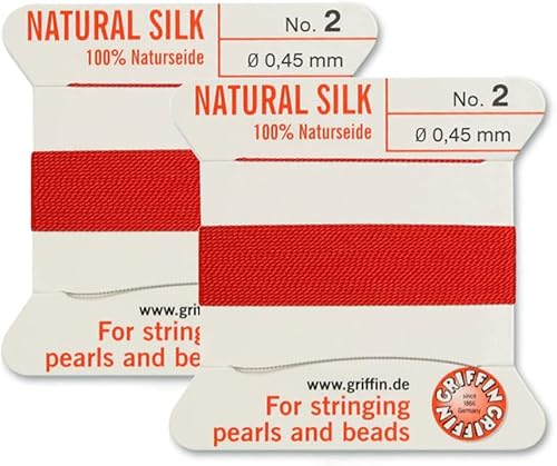 Griffin - Cordón para cuentas de seda natural, 2 unidades, color rojo