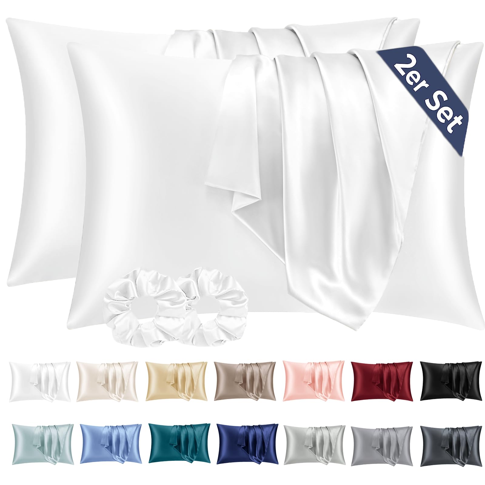 Vielit 2 Piezas Funda Almohada Saten 70x40 Blanco, Suave como la Funda Almohada Seda, Funda de Almohada para el Cabello y la Piel Viene con 2 Elásticos para el Cabello