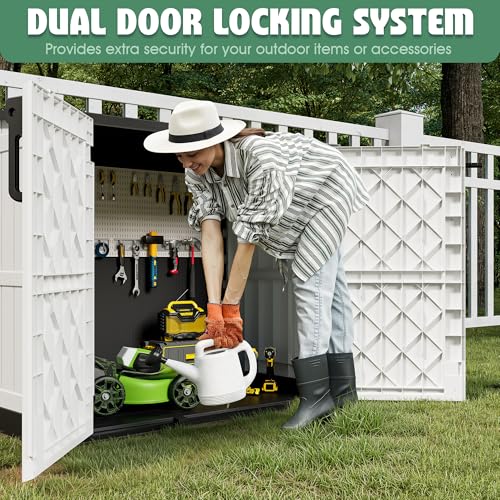 Image of LHBcraft 36 Cu Ft Outdoor Storage Cabinet, Horizontal Resin Storage Shed Box for Backyards, Patios, Portable Waterproof Outdoor Storage Box with Lockable Doors, Ashen