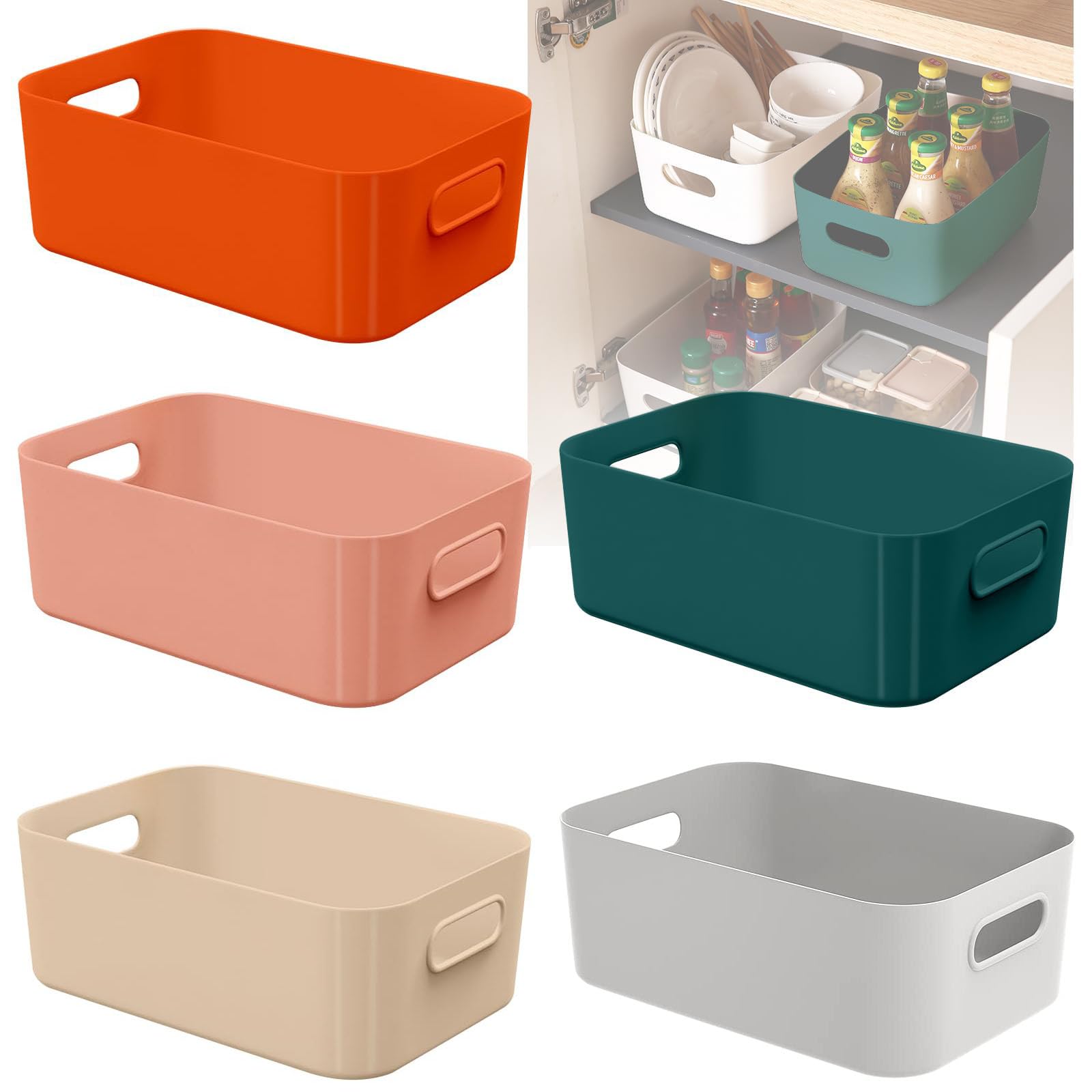 W&H 5 PCS Plastic Storage Boxes with Handle, Small Storage Baskets, Home & Kitchen Plastic Box
