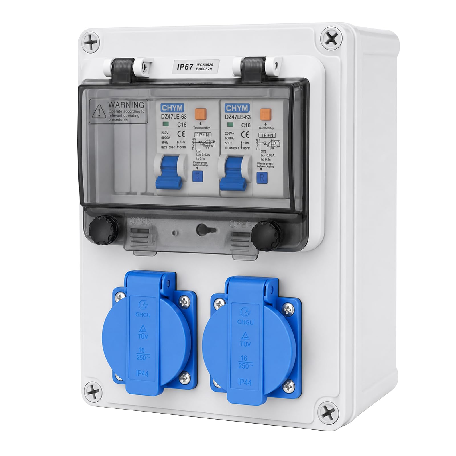 Distributore di corrente da 16 A, distributore a parete con interruttore automatico C16A e interruttore differenziale 25A, IP44, per uso interno ed esterno nei cantieri (2x16a 230V, LS+FI)