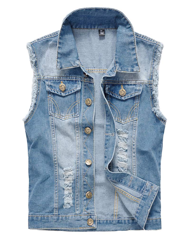 Anyua Men's Light Blue Denim Waistcoats, Casual Ripped Vest, Sleeveless Jackets, Cowboy Outwear 3XL