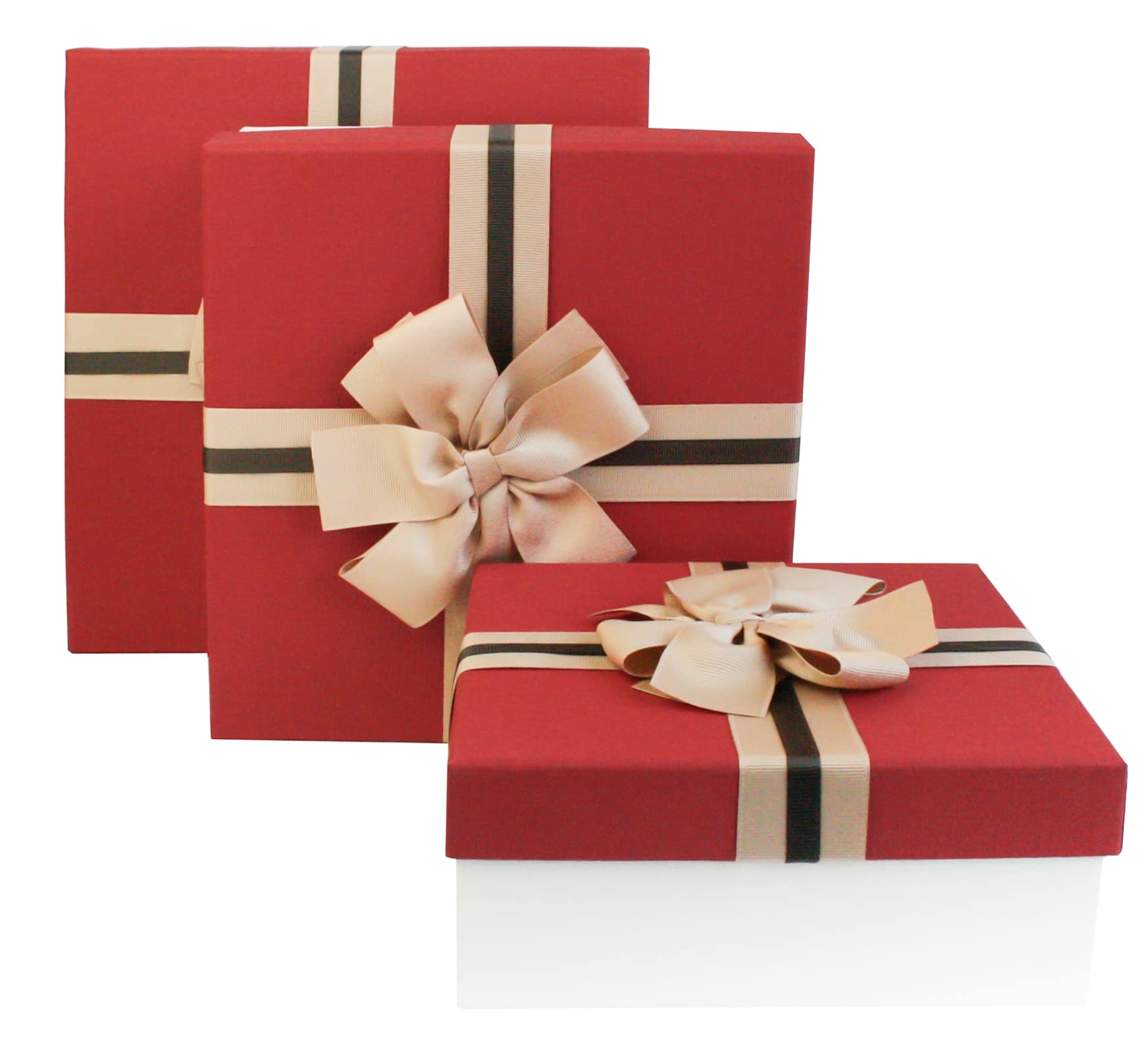Emartbuy Set di 3 scatole regalo rigide con nastro, in carta color crema + panna/rosso – grandi, medie, piccole – scatole di cartone di lusso, confezione premium per cesti, compleanni, matrimoni