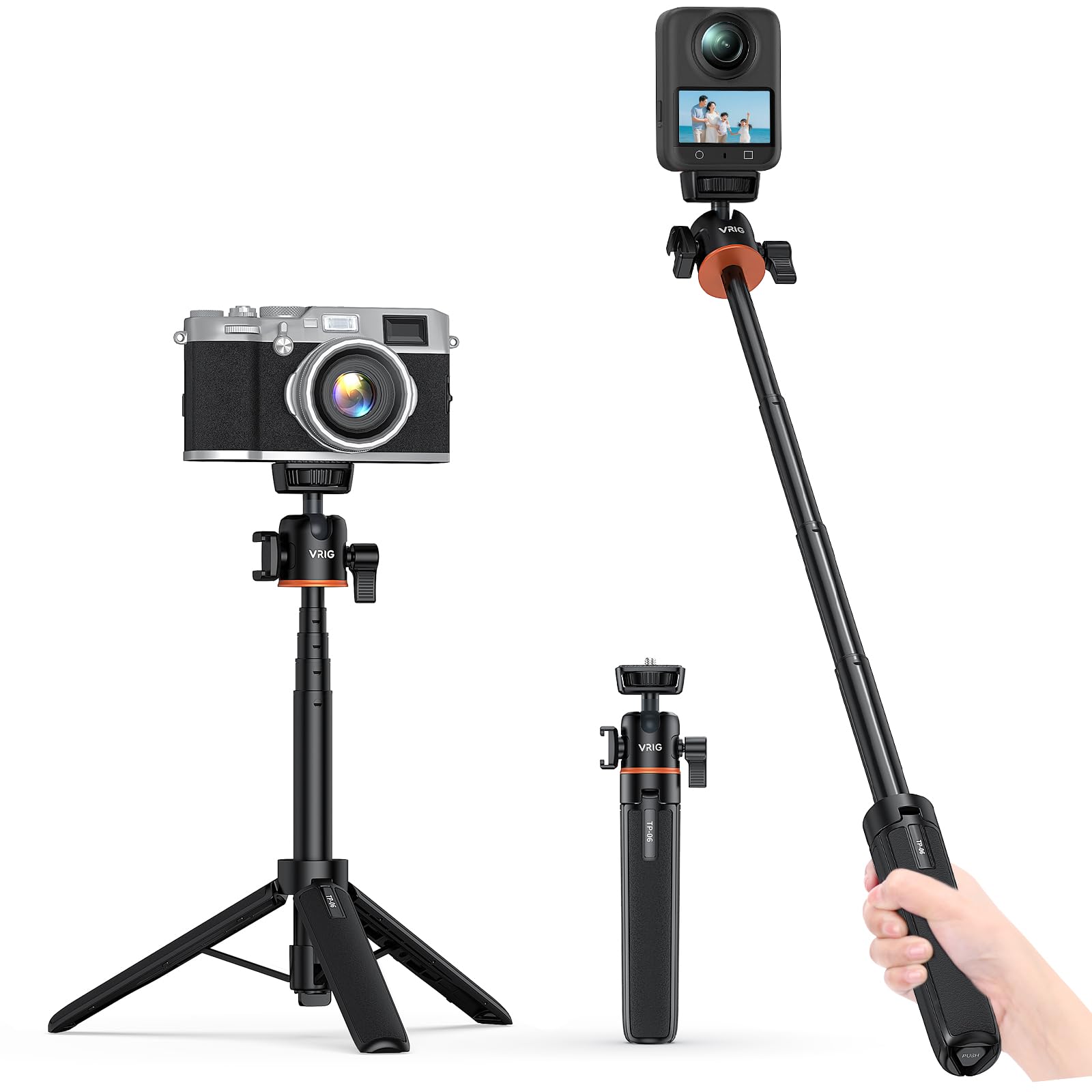 VRIG 20.1" Mini Extendable Camera Tripod 360° Ball Head Camera Tripod 4 Levels Adjustment with Cold Shoe Selfie Stick Tripod for 1/4" Action Camera
