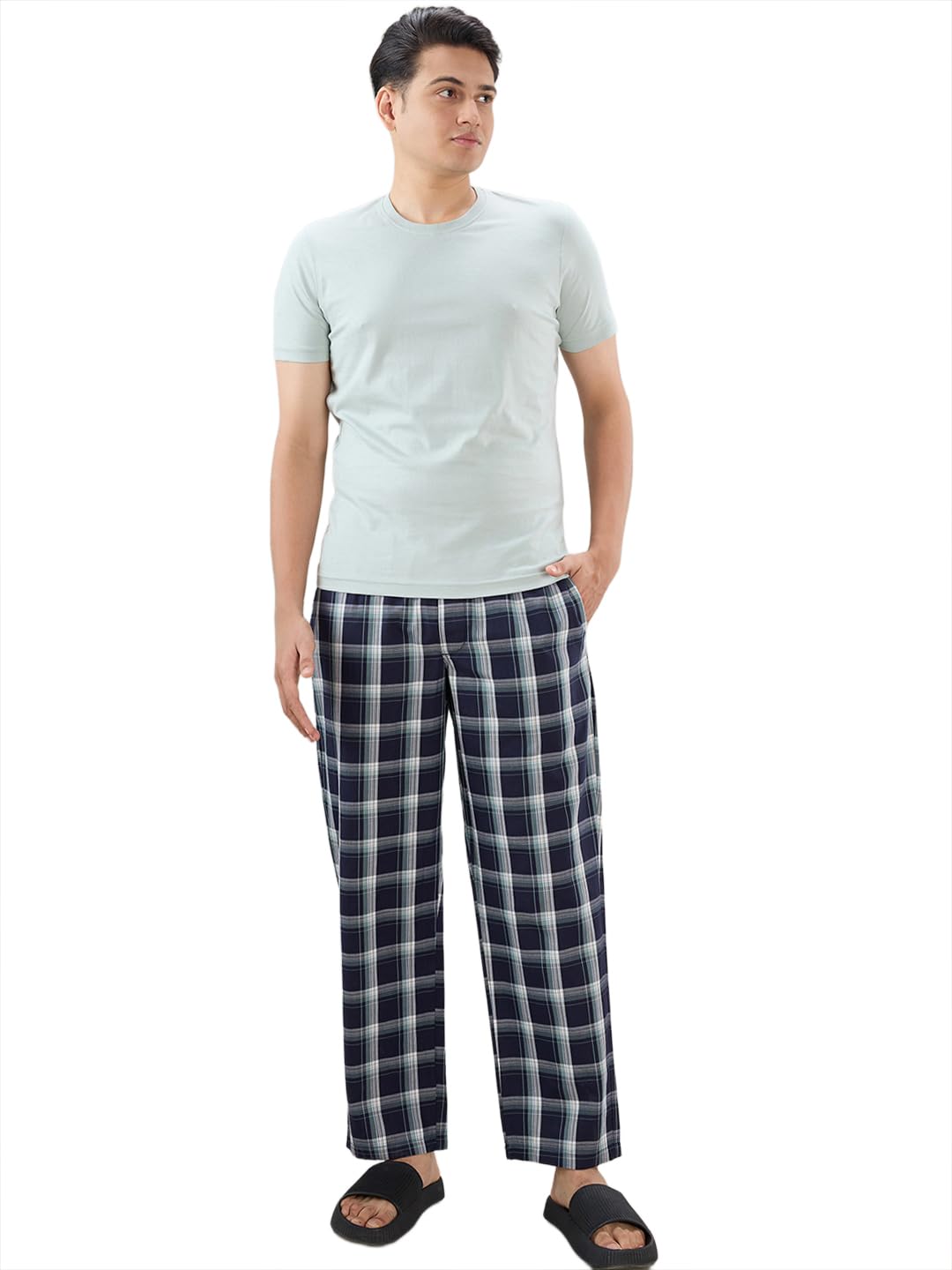 sleepz by raymond Men Regular Fit Checks Pattern Pure Cotton Round Neck Half Sleeve Lounge wear T-Shirt Pyjama Combo-picture-39