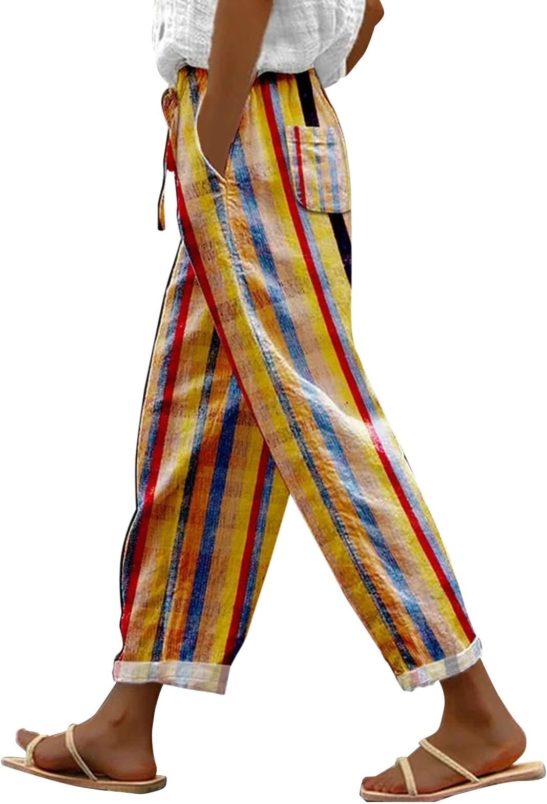 Womens Linen Trousers Multi Floral Check Elasticated Waist Harem Pants with Drawstring and Pocket Casual Lounge Lightweight Summer Trousers Baggy Capris Ladies Pants
