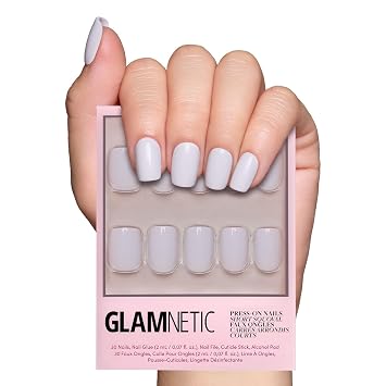 Glamnetic Press-On Nails Bundle - Rose, Honey Bun & Lilac Gray | Rosy-Pink Nails with a Metallic Finish | Neutral Sparkly Short Almond Fake Nails, Velvet | Light Lilac Gray Short Squoval False Nails