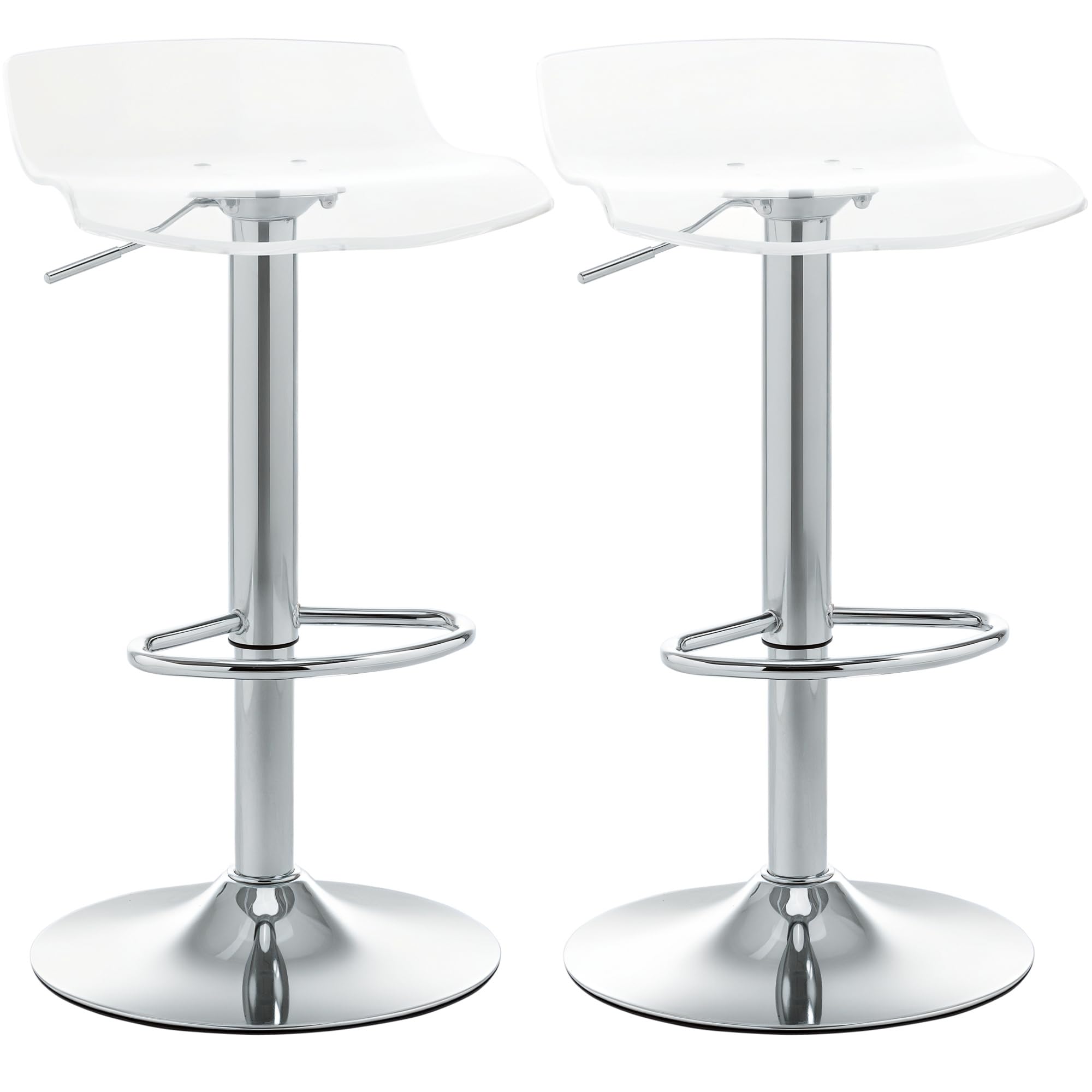 HOMCOM Set 2 Sgabelli da Bar con Altezza Regolabile, Sgabelli da Cucina Alti con Seduta Girevole e Poggiapiedi in Metallo e Acrilico, 39x39x67-87 cm, Trasparente
