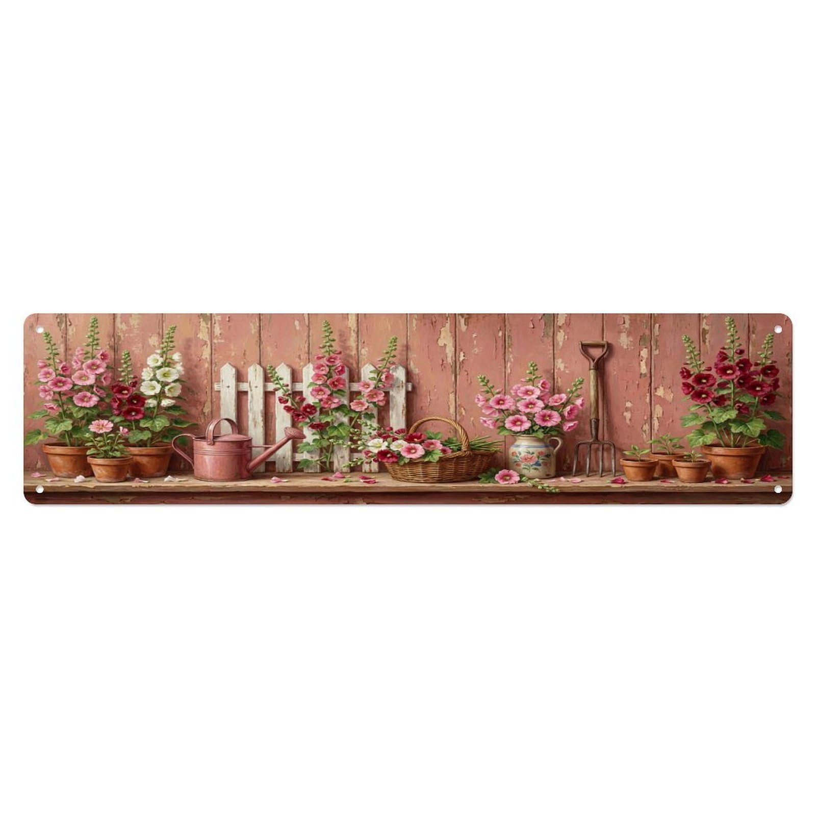 Floral Garden Tools Hollyhock Fence Pattern Print Metal Tin Sign