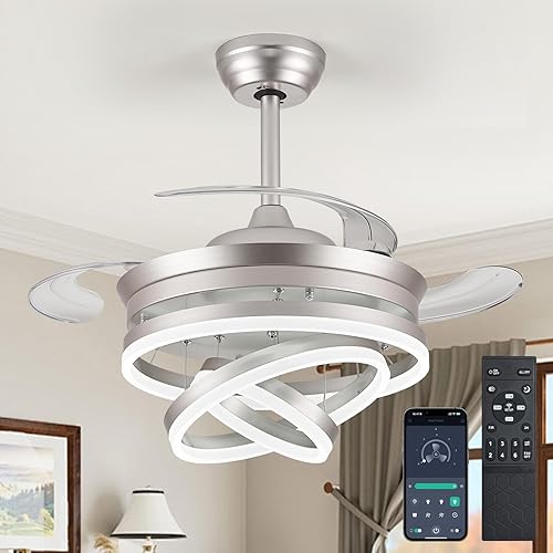 Miniatura 7 de Ventiladores de techo retráctiles de 42" con luces, ventilador de techo moderno con luz LED y control remoto/APP Fandelier 3 CCT, reversible, 6