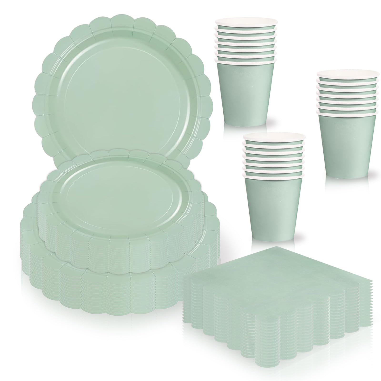 80pcs Pastel Sage Geen Party Plates Cups and Napkins Tableware Disposable Set,Scalloped Dessert Plate Cups Napkin Serviettes Dinnerware for Boys Girls Birthday Bridal Baby Shower Wedding Picnic Party