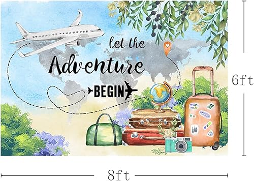 Miniatura 9 de MEHOFOND Let The Adventure Begin - Telón de fondo para baby shower viajes cumpleaños graduación fiesta de jubilación avión maleta boda fotografía