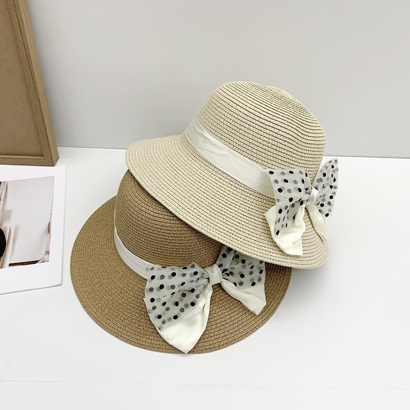 Sombrero de Paja de Verano para Mujer,de ala Ancha,Ligero,con Lazo de Lunares,Plegable,Flexible,Transpirable,para Playa,para Actividades Al Aire Libre