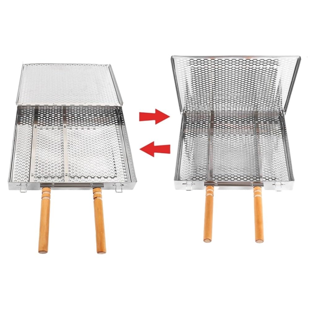 Griglia in acciaio inox con manico rimovibile in legno resistente al calore per pollo, pesce, verdure, 30,5 x 25,5 x 4 cm